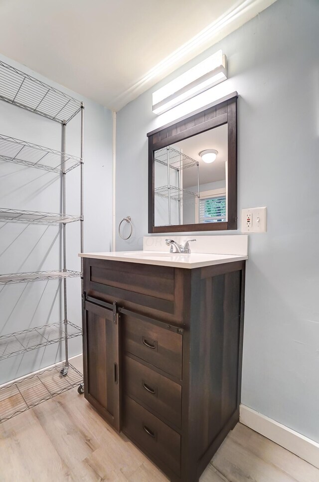 bathroom with hardwood / wood-style floors and vanity