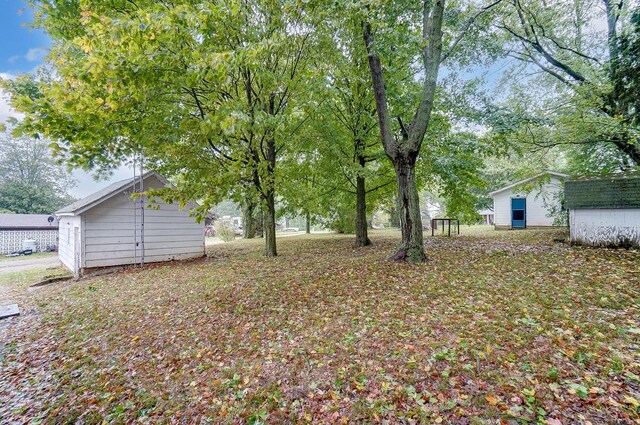 view of yard featuring a storage unit