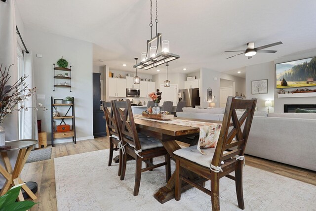 dining area with ceiling fan and light wood-type flooring