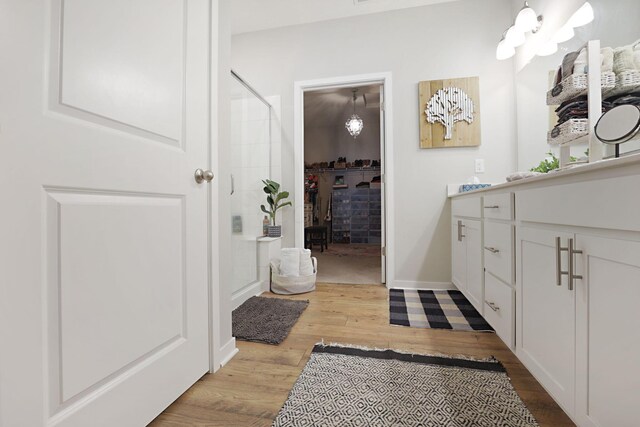 bathroom featuring hardwood / wood-style floors, vanity, and a shower with shower door