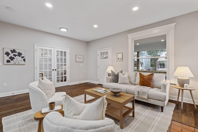 living room featuring dark hardwood / wood-style floors and french doors