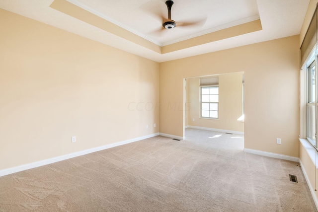 spare room featuring a raised ceiling, ceiling fan, and ornamental molding