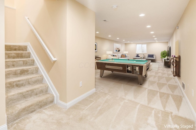 recreation room featuring light colored carpet and billiards