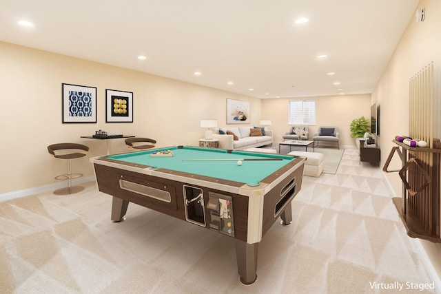 recreation room featuring light colored carpet and pool table