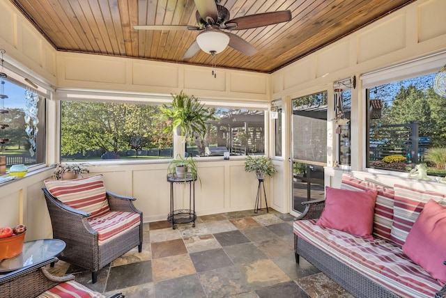 sunroom / solarium with ceiling fan and wooden ceiling