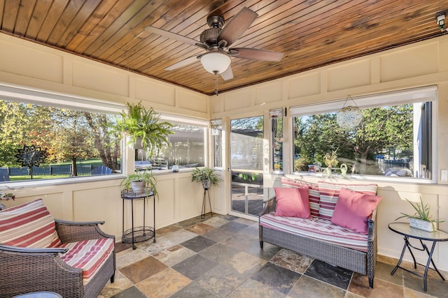 sunroom featuring ceiling fan and wood ceiling