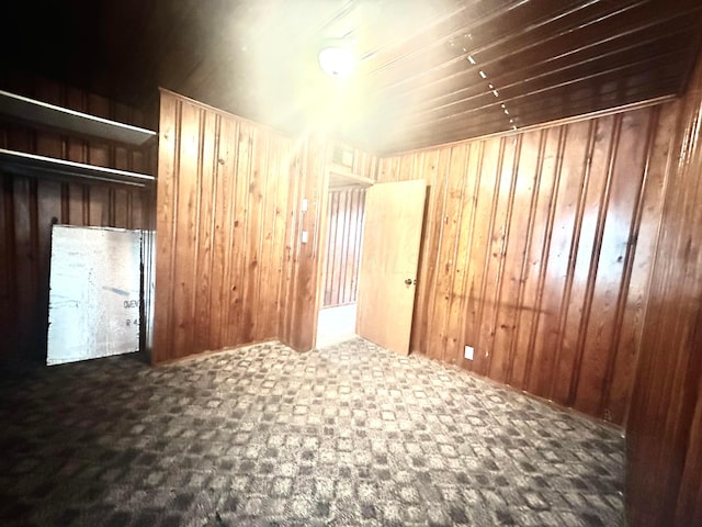 bonus room with dark colored carpet and wood walls