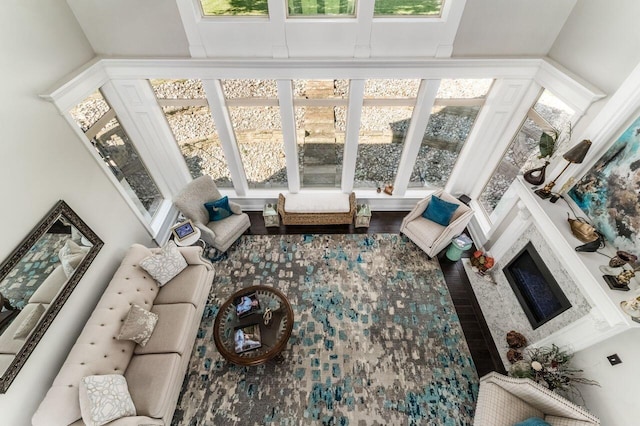 interior space featuring wood-type flooring, a towering ceiling, and a premium fireplace