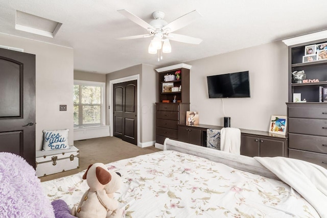 bedroom with light carpet and ceiling fan