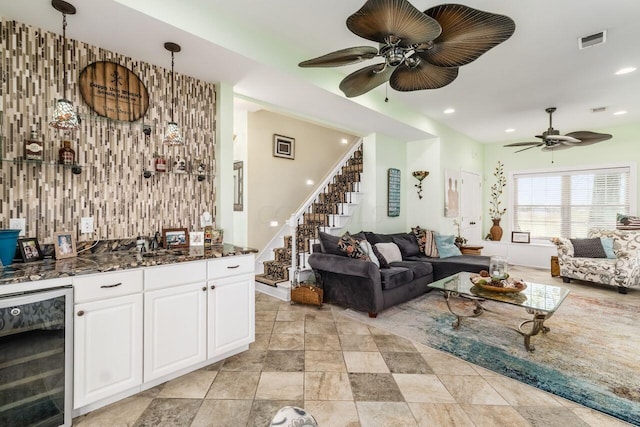 living room featuring beverage cooler