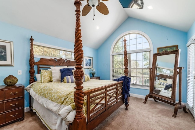 bedroom featuring carpet flooring, ceiling fan, and vaulted ceiling