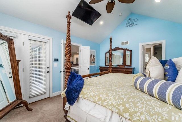 bedroom with ceiling fan, light colored carpet, lofted ceiling, and access to outside