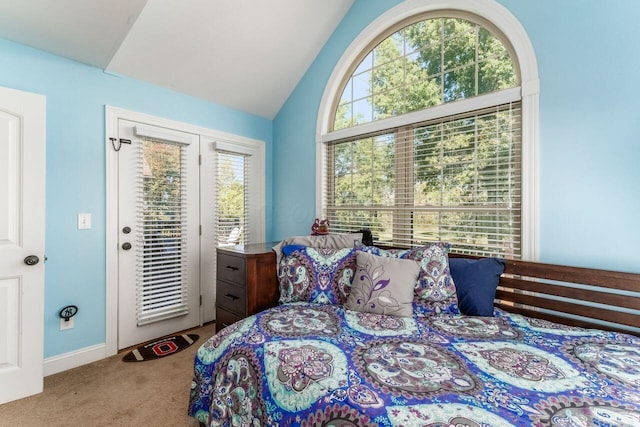 bedroom featuring carpet, access to exterior, multiple windows, and lofted ceiling