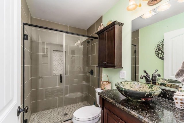 bathroom with vanity, toilet, and a shower with shower door