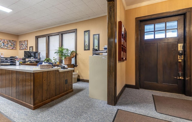 office space featuring dark colored carpet, a wealth of natural light, and crown molding