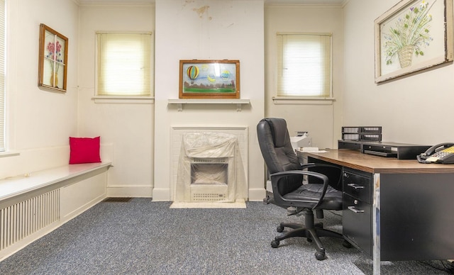 carpeted office space featuring plenty of natural light and ornamental molding