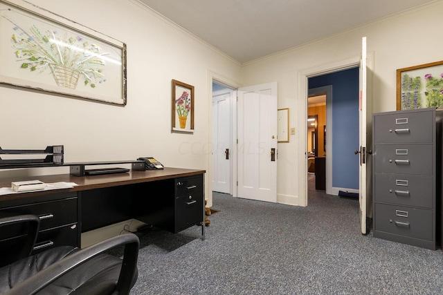 carpeted home office with crown molding