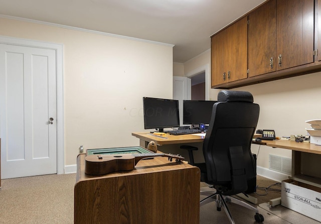 office area featuring crown molding and light colored carpet