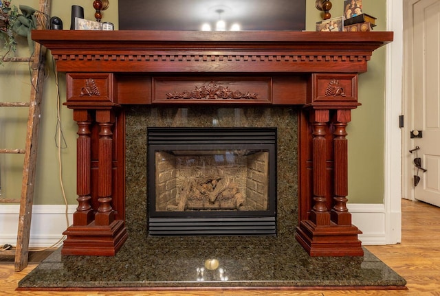 details with wood-type flooring and a premium fireplace