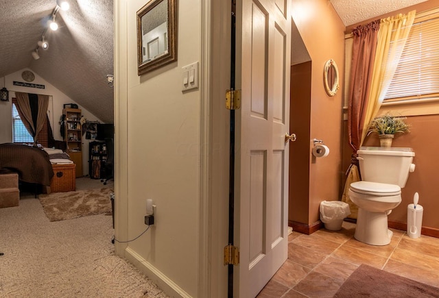 corridor with light colored carpet, lofted ceiling, and a textured ceiling