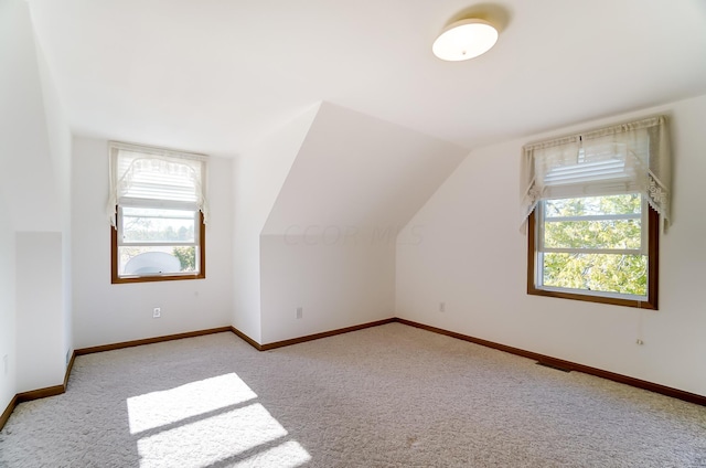 additional living space with light carpet and vaulted ceiling