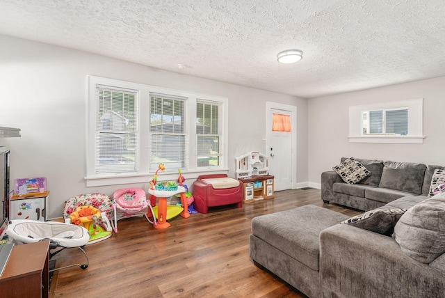 recreation room featuring hardwood / wood-style flooring and a textured ceiling