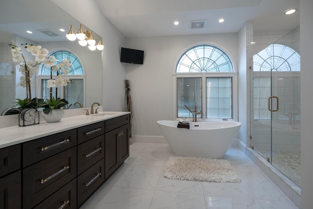 bathroom featuring vanity and separate shower and tub