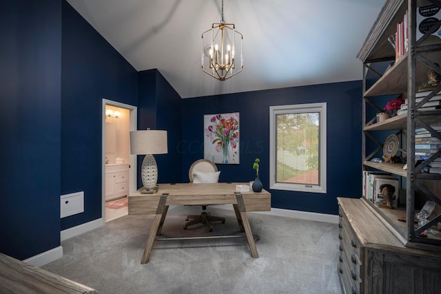 carpeted office space with a chandelier and vaulted ceiling