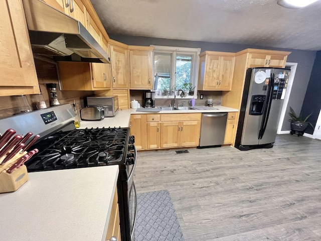 kitchen with light brown cabinetry, light wood-type flooring, stainless steel appliances, and sink