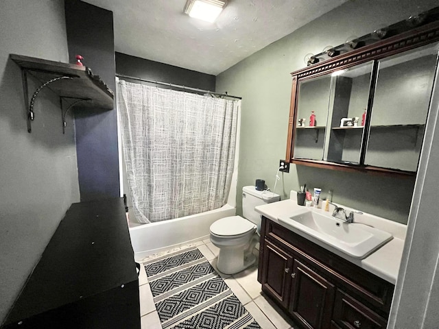 full bathroom with tile patterned flooring, shower / bath combination with curtain, toilet, and vanity