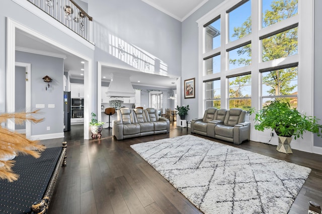 living room with a towering ceiling, dark hardwood / wood-style flooring, and ornamental molding