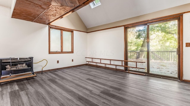 interior space featuring lofted ceiling with skylight and wood-type flooring