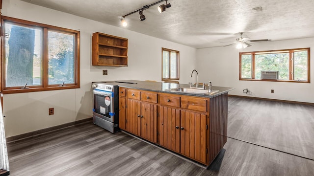 kitchen featuring plenty of natural light, dark hardwood / wood-style flooring, stainless steel electric range oven, and sink