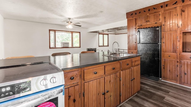 kitchen with dark hardwood / wood-style flooring, black fridge, stainless steel range, ceiling fan, and sink