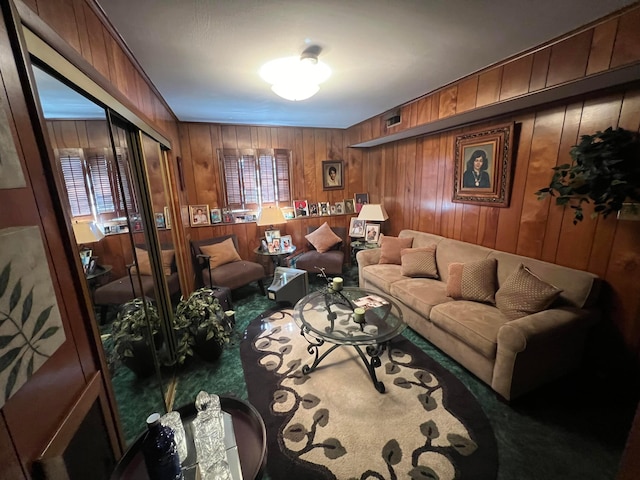 living room featuring wooden walls