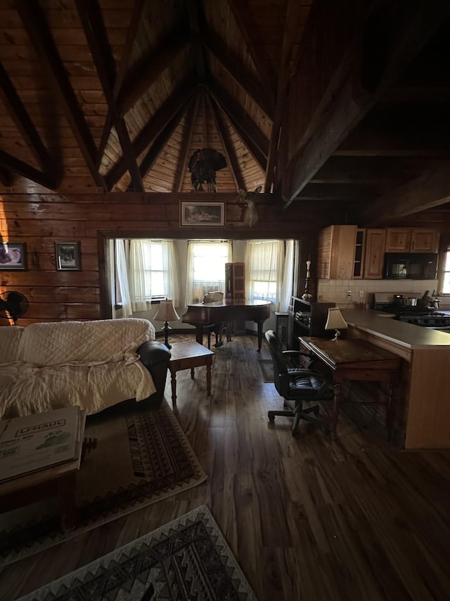 interior space featuring lofted ceiling with beams, wooden ceiling, dark wood-type flooring, and wood walls