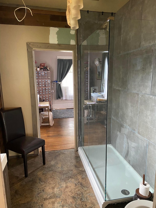 bathroom with hardwood / wood-style flooring and a shower with door