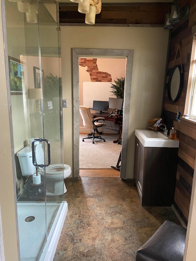 bathroom featuring vanity, toilet, and a shower with door