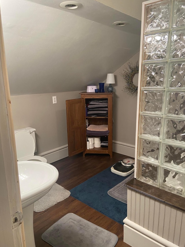 bathroom with wood-type flooring and vaulted ceiling