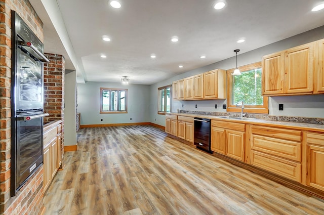 kitchen featuring hanging light fixtures, light wood-type flooring, plenty of natural light, and sink