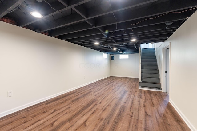 basement with hardwood / wood-style floors