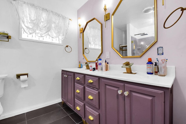 bathroom featuring tile patterned floors, vanity, and toilet