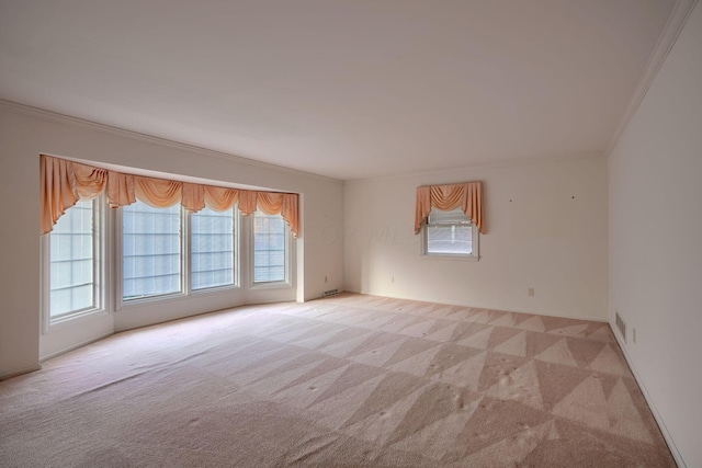 spare room featuring a healthy amount of sunlight, light colored carpet, and crown molding