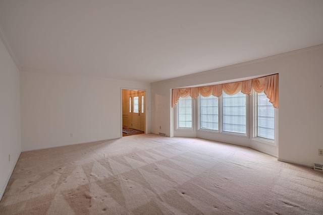 empty room featuring crown molding and light carpet