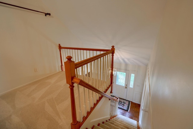 staircase featuring carpet floors