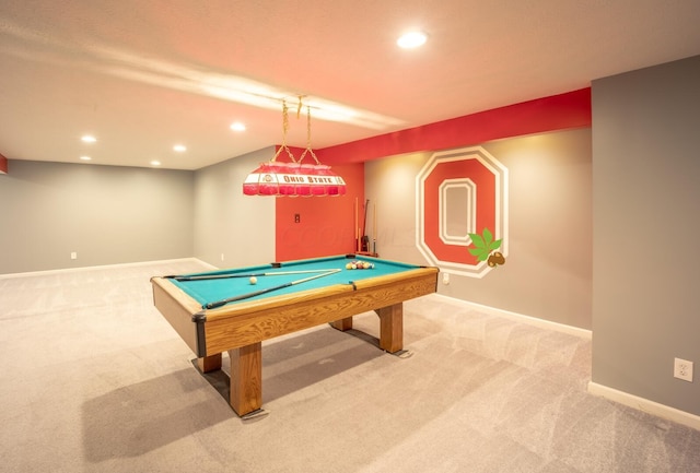 rec room with carpet flooring and pool table