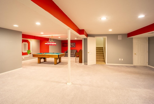 rec room featuring carpet flooring and pool table