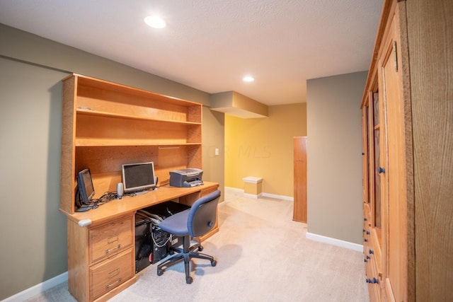 home office featuring light carpet