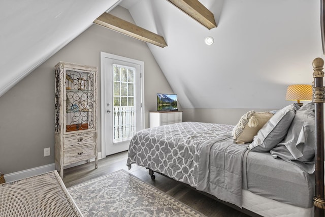 bedroom featuring access to outside, wood-type flooring, and vaulted ceiling