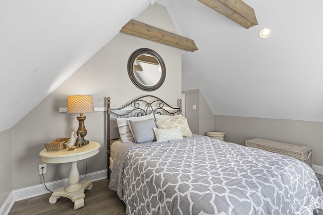 bedroom featuring vaulted ceiling with beams and dark hardwood / wood-style floors